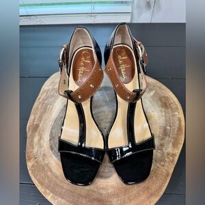 Cole Haan black patent leather heels with brown strap size 7AA